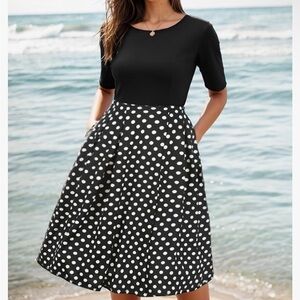 oxiuly Women's Vintage Patchwork Pockets Puffy Swing Casual Party Dress